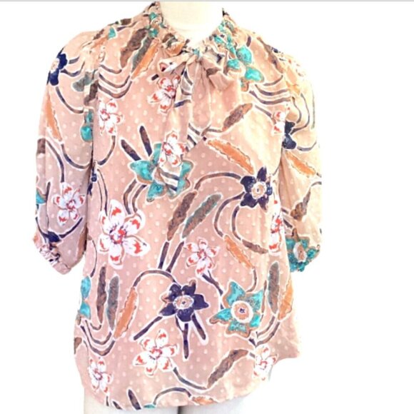 JOIE Polka Dot Tie-Neck Floral & Swiss Dot Blouse Sz S #69P - Picture 1 of 11